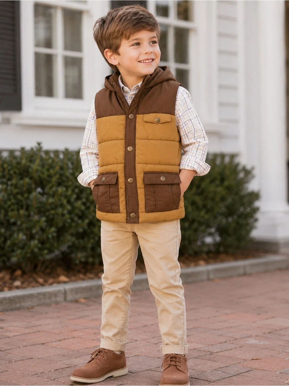 Tommy Bahama Boys Hooded Puffer Vest Brown Tan Size 5/6 Preppy Fall Winter